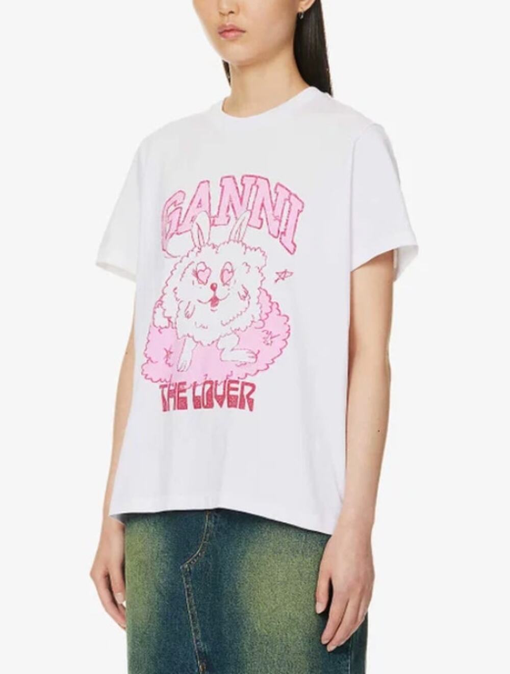 Ganni Shirt Women Medium Love Bunny Relaxed T shirt Tee White Casual Girly Chic
